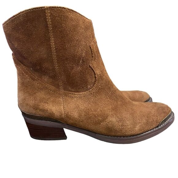 Very Volatile Chocolate Brown Suede Western Boots Chic Metal Detail Toe & Heel - Picture 5 of 14